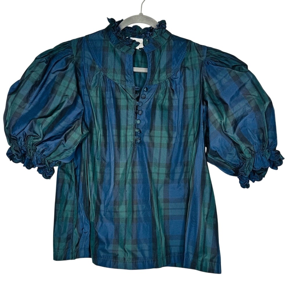 Pomander Place Womens Blackwatch Selena Blouse Sz XXL Tartan Plaid‎ Puff Sleeve